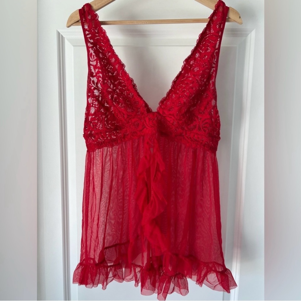 Red Sheer Lace Babydoll Lingerie Nightie Tie Front Ruffle Trim Medium - Picture 2 of 6